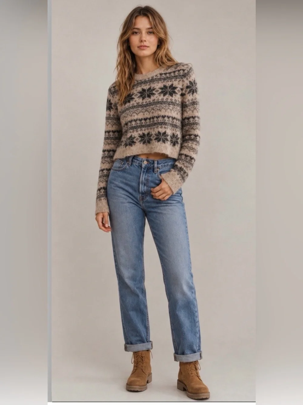 Free People one FP Fuzzy Sweater Small Cropped Nordic Snowflake Cozy Boho Cabin
